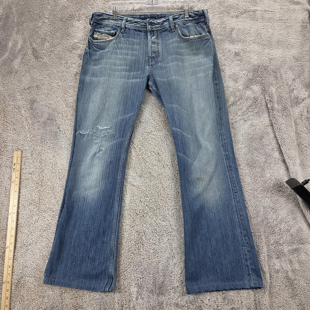 Diesel Jeans Mens 34x32 Blue Zathan Bootcut Distressed Zip Fly Altered Hem 0089J